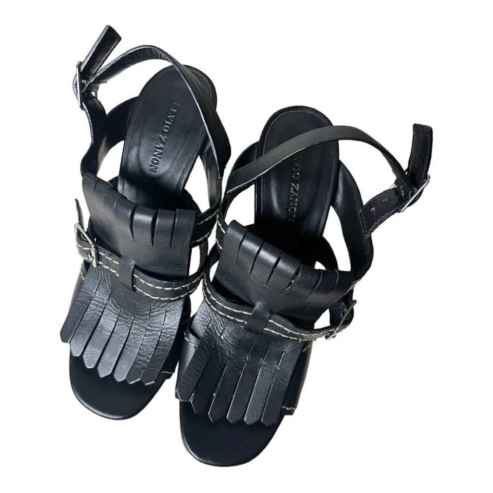 Elvio Zanon Black Leather Fringe Style Heel Platform Sandals Size 39 (US 8.5)